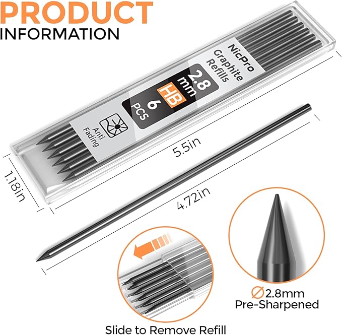 Nicpro 24 Pieces Carpenter Pencil Lead Refills 2.8mm, Lead Refill for Mechanical Carpenter Pencil, Break Resistant 2.8 mm Leads for Construction Pencils, Woodworking Pencil (Black)