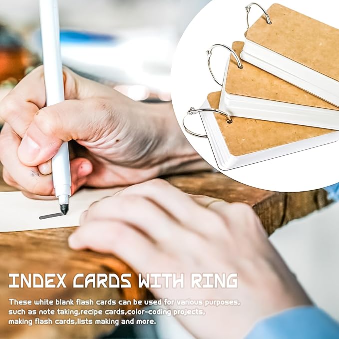 MotBach 1000 Sheets White Blank Flash Cards with Binder Rings,3.5 x 2.2 Inch Index Cards, Small Note Cards Study Cards Learning Cards Kraft Paper Cards, Easy Flip Mini Index Note Flashcards (20 Pack)