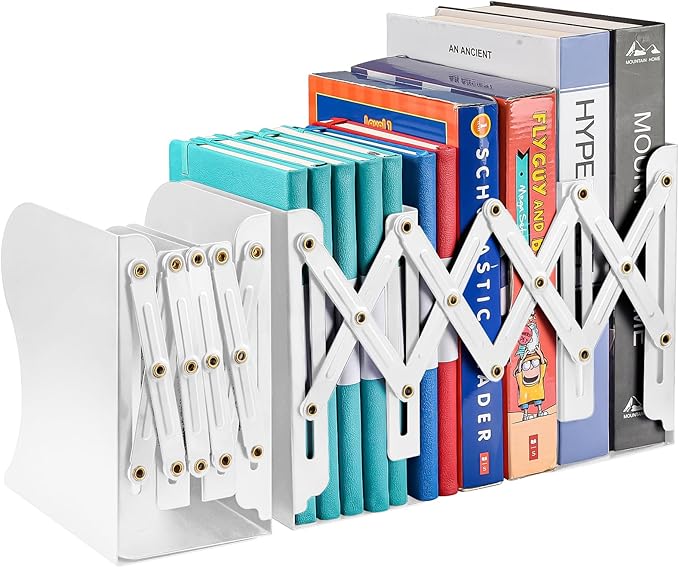 2PCS Adjustable Bookends, Metal Book Ends for Heavy Book, 2 Dividers, Nonslip Book Stander for Desk, Shelf, Office, Stationery Gift, Extends up to 19 inches (White)
