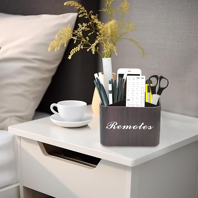 Hennaja Square Leather Art Supply Organizer,Remote Control Holder with Removable Dividers,360°Rotatable Pencil Holders,4 Compartments Organizer for Office Supplies Storage Box(1-Dark Brown)