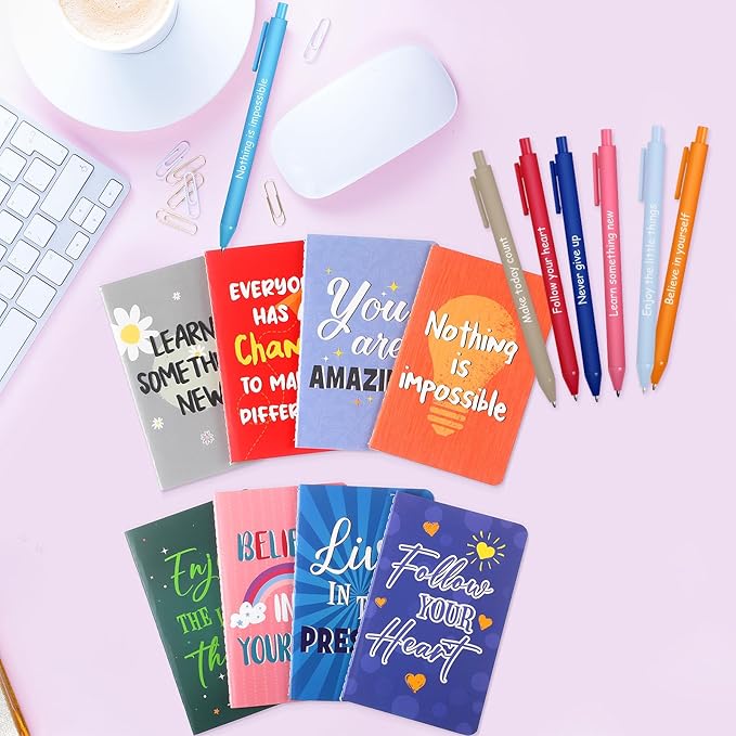 Funrous 32 Pcs Motivational Quote Pens Inspirational Notepads Mini Journal with Ballpoint Pen Small Notebooks Gift Set for Men Women Coworkers, Adult Party Favors Prizes Gift Bulk(Vibrant)