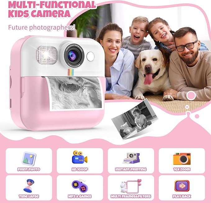 Kids Instant Print Camera, 1080P for Girls & Boys Age 3-10, Pink with 3 Roller Photo Paper