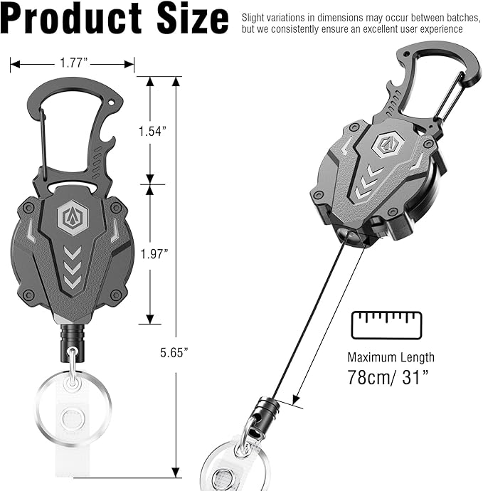 2Pack Heavy Duty Retractable Keychain, Tactical ID Badge Holder Reel Carabiner Clip with Magnetic Closure for Men, Unbreakable Sandwich Construction with 31" Dyneema Cord, Bearing 25oz