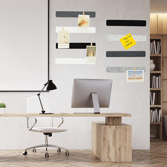 8Pcs Bulletin Board Strips, Black White Grey Felt Pin Board Bar Strips with 50 Pushpins, Self-Adhesive Felt Cork Board Strips for Wall to Display Your Notes, Photos, Schedules, Announcements