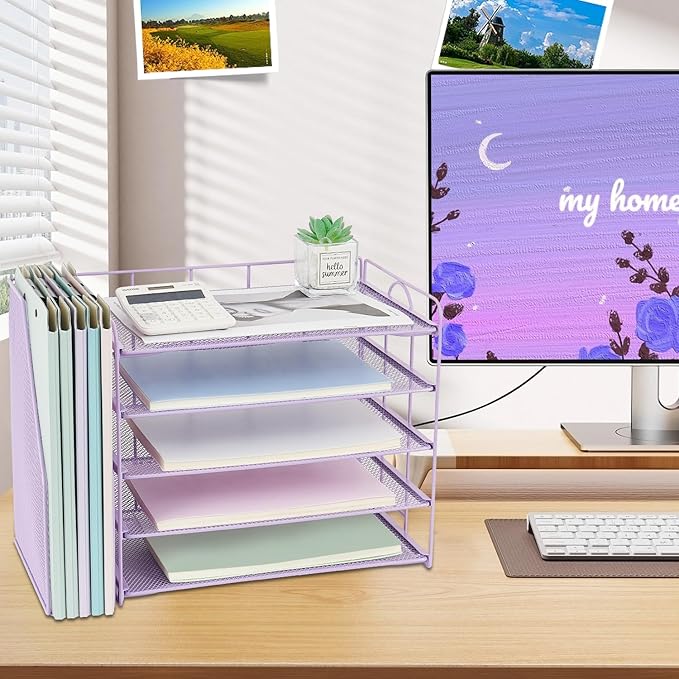 OPNCIE Desk Organizers and Accessories, 5 Tier Paper Letter Tray File Organizer, Office Organization Storage Desk Accessories Workspace Desktop Organizer for Classroom Office Supplies Decor(Purple)