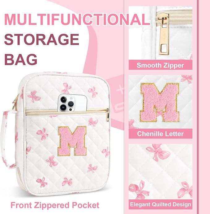 Personalized Initial Bible Cover Case for Women Girls Kid - Large Quilted Bible Case with Handle, Stylish Chenille Letter Bag Study Supplies, Perfect Christmas Gifts for Christians Women (Pink Bow-M)