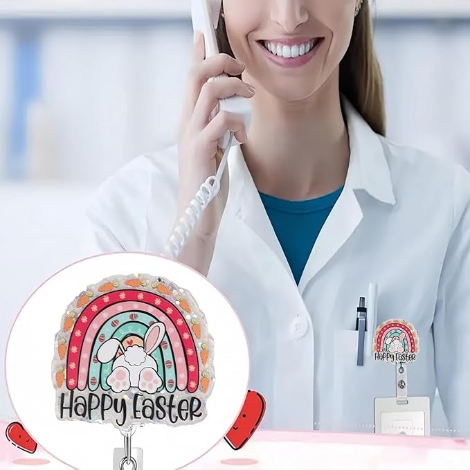 Happy Easter Badge Reel Retractable Badge Holder ID Name Badge Holder for Cute Rabbit Retractable Easter Gifts for Office Doctor Student Women Nure Work Accessories