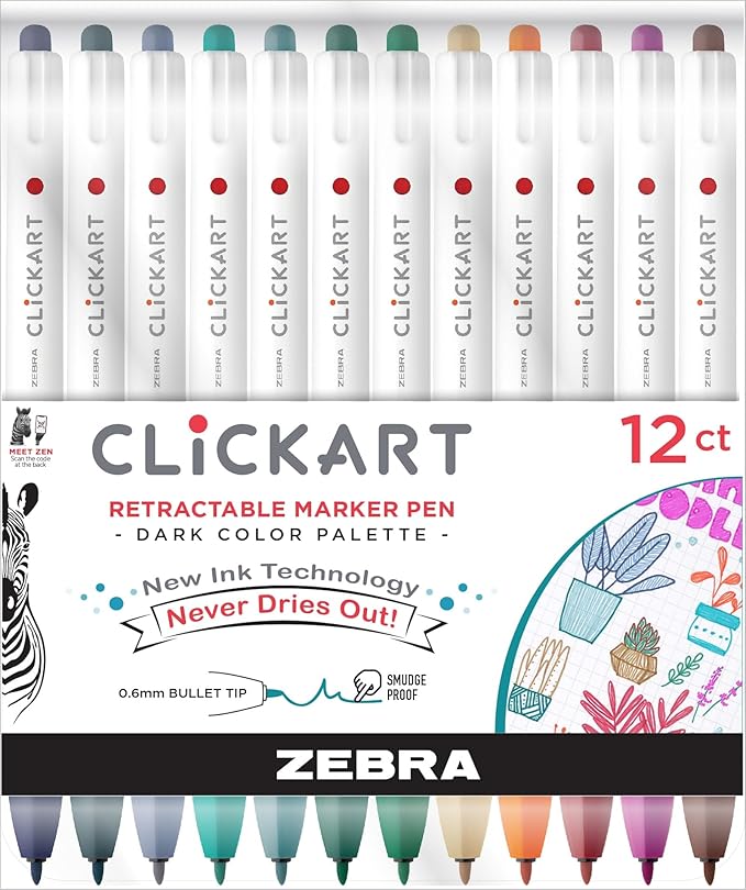 Zebra Pen ClickArt Retractable Marker Pen, Fine Point, 0.6mm, Assorted Dark Ink Colors, 12-Pack (69812)