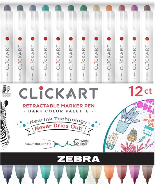 Zebra Pen ClickArt Retractable Marker Pen, Fine Point, 0.6mm, Assorted Dark Ink Colors, 12-Pack (69812)