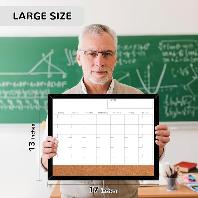 ABERLLS Monthly Calendar Dry Erase Board for Wall, 17''x13'' Whiteboard with Black Wood Framed, Magnetic White Boards, 2in1 White Board Cork Board Combo