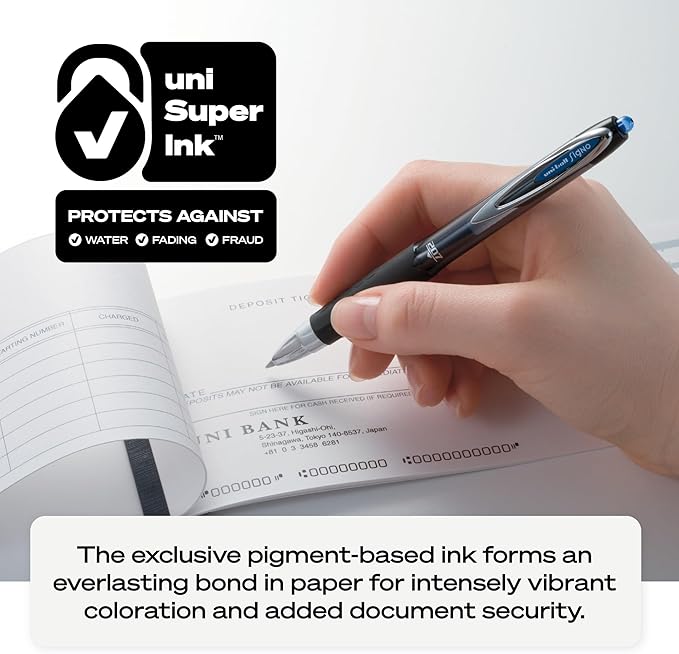 Uni-Ball® 207™ Retractable Fraud Prevention Gel Pens, Micro Point, 0.5 mm, Black Barrels, Blue Ink, Pack Of 12