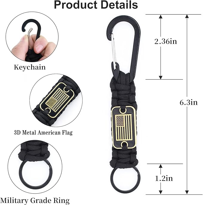 2 Pcs Heavy Duty Braided Paracord Lanyard Keychain with USA Flag, Parachute Rope Necklace Keychains, Braided Strong Lanyard with Metal HK Clip Key Ring for Outdoor Activities, Camera, Traveling