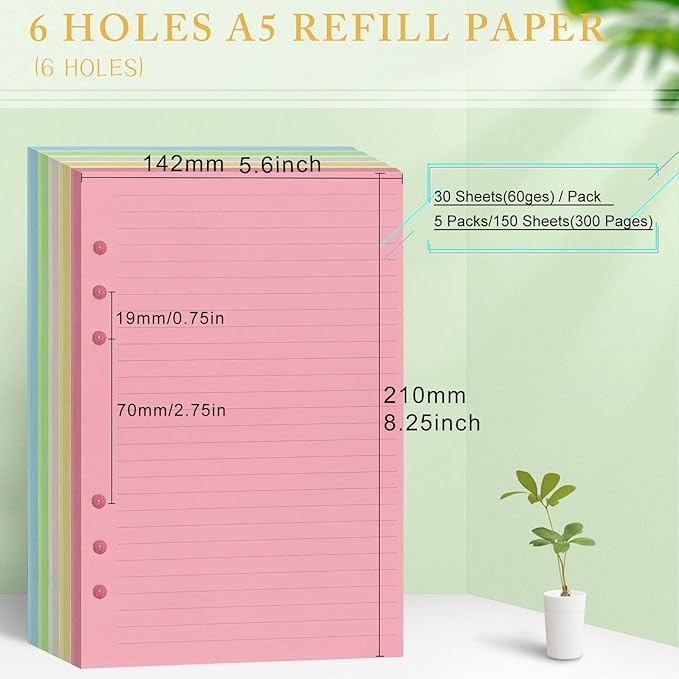 A5 Refills Paper, A5 Binder Planner Loose Leaf Paper, [5 Color] 100 Sheets (200 Pages) 6-Hole Notebook Refills for 6-Ring Refillable A5 Ring Binder Notebook Planner, Lined Paper