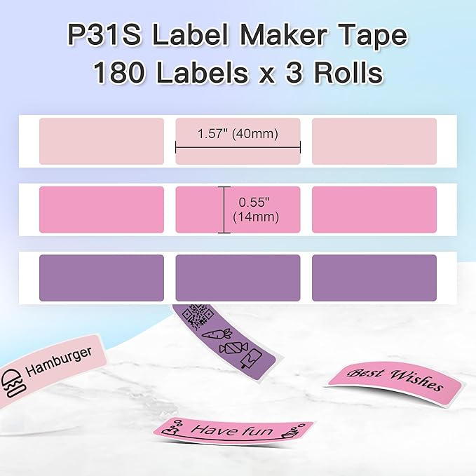 POLONO Genuine P31S Label Maker Tape, Adapted Label Print Paper, Self-Adhesive Label Refill for Home/Office, 14x40mm(0.55"x1.57"), Compatible with P31S Label Maker, 540 Labels/3 Roll, Purple/Rose/Pink