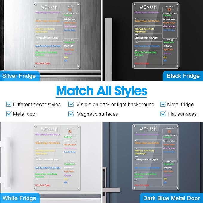 Acrylic Menu Board for Kitchen Weekly Meal Planner Magnetic Planning Board w/ 8 Markers, Clear Weekly Calendar for Fridge Refrigerator Dry Erase Board Noteboard to Do Grocery Shopping List, 12x9’’