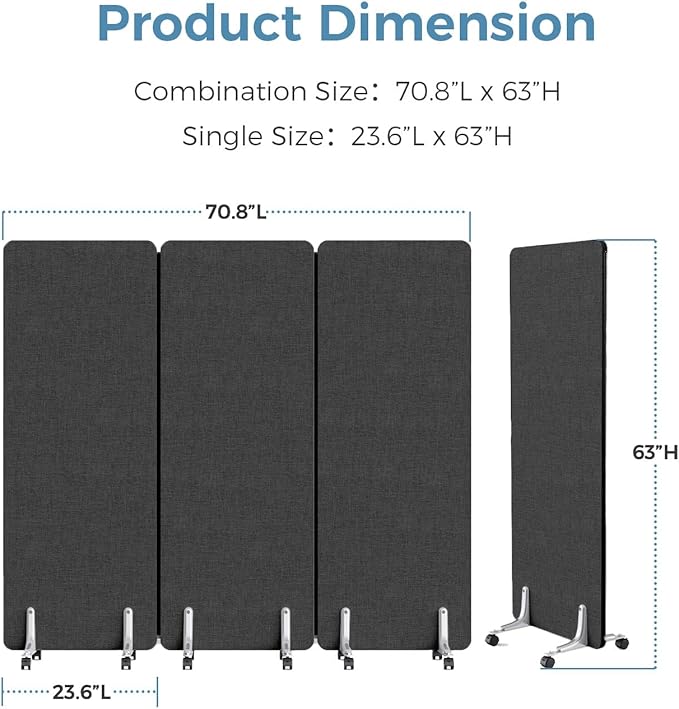 70.8" W x 63" H Freestanding Partition Room Dividers, Acoustic Panels with Wheels, 3 Soundproof Privacy Panels for Office, Reception Room, School, Hospital, Dark Grey