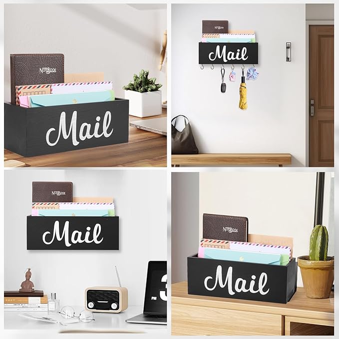 Mail Organizer Countertop, Mail Organizer Wall Mounted with Key Holder, Mail Holder for Wall, Mail Sorter Organizer, Letter Organizer, Mail Basket, Mail Tray, Letter Holder for Desk (Black)