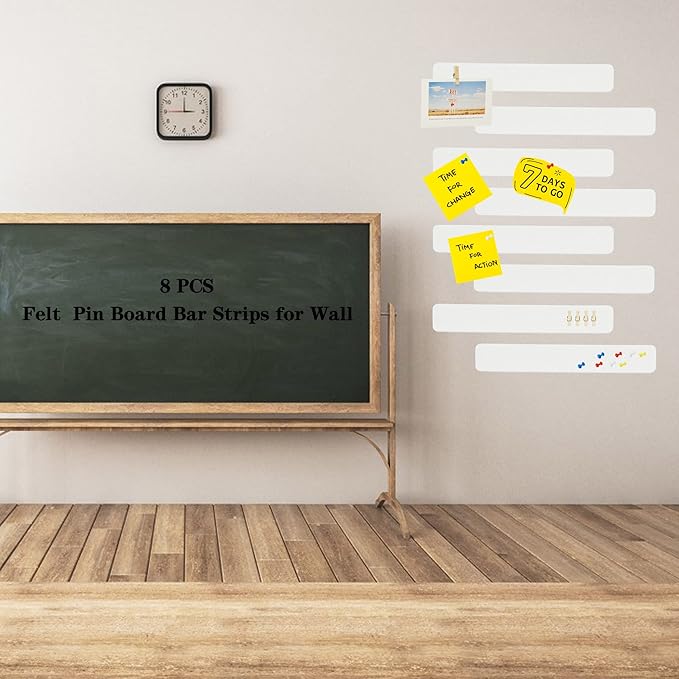 8Pcs Bulletin Board Strips, White Felt Pin Board Bar Strips with 50 Pushpins, Self-Adhesive Felt Cork Board Strips for Wall to Display Your Notes, Photos, Schedules, Announcements