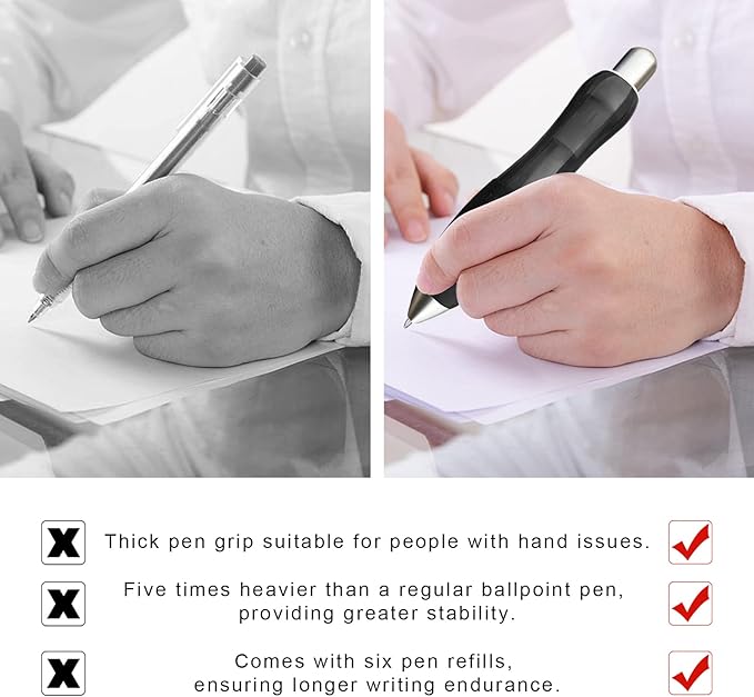 Big Fat Pens (12 Pack) Aids Writing For Tremor, Arthritis, Parkinson, Handicap, Carpal Tunnel Large Wide Grip Pens Retractable Ballpoint Pens (6 Pens + 6 Extra Refills)(Black)