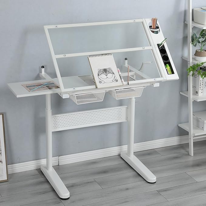 Hand Adjustable Height Drafting Table Artist Drawing Table Multifunctional Art Craft Artists Desk Tilting Glass Tabletop Glass Topped Art Desk Work Station With Stool and Chair for Home Office White