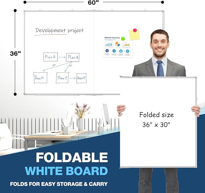WALGLASS Large White Board Dry Erase Board, 60" x 36" Double-Sided Foldable Dry Erase Board for Wall, Magnetic Whiteboard for Office, Home, School, Kitchen