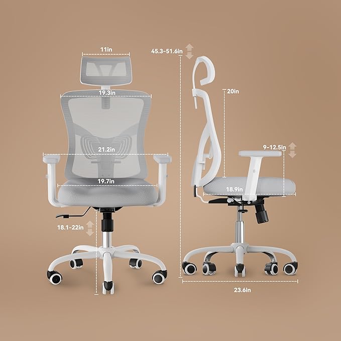 NOBLEWELL Ergonomic Office Chair, Desk Chair with 2'' Adjustable Lumbar Support, Headrest, 2D Armrest, Office Chair Backrest 135° Freely Locking and Rocking, Computer Chair for Home Office