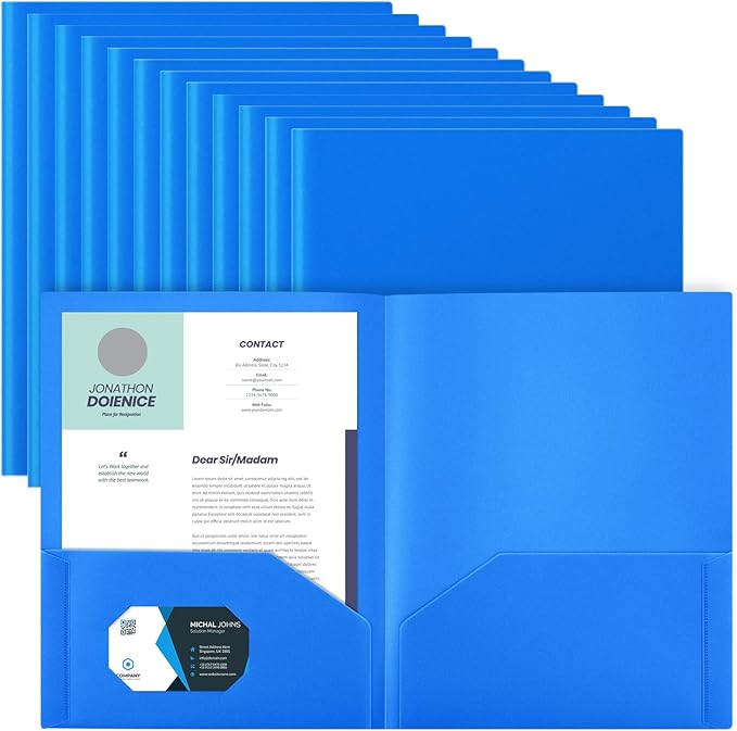 Gueevin 24 Pcs Plastic Folders with Pockets, Two Pocket Folder Fit Letter Size, Heavy Duty School Business Card Holder for Home Office School Bussiness, 11.61 x 9.45 Inches (Blue)