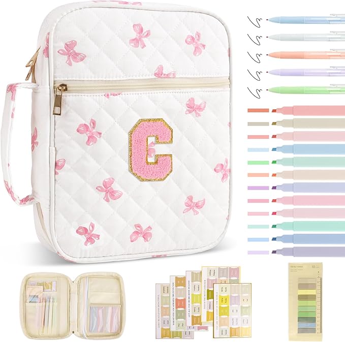 Personalized Initial Bible Cover Case for Women Girls Kid - Large Quilted Bible Case with Handle, Stylish Chenille Letter Bag Study Supplies, Perfect Christmas Gifts for Christians Women (Pink Bow-C)