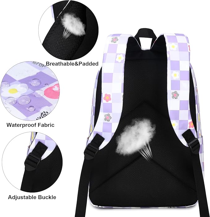 Flowers Checkered School Backpack for Teens Girls, Womens College Bookbags Kids School Bags Laptop Backpacks (Purple)