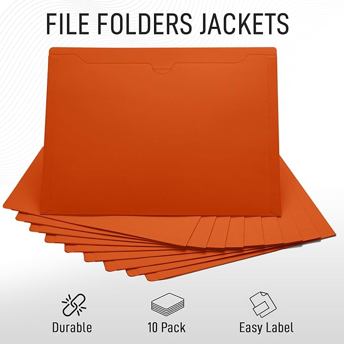 Orange File Jackets, Flat-No Expansion, Letter Size, Reinforced Straight-Cut Tab, 10 Pack