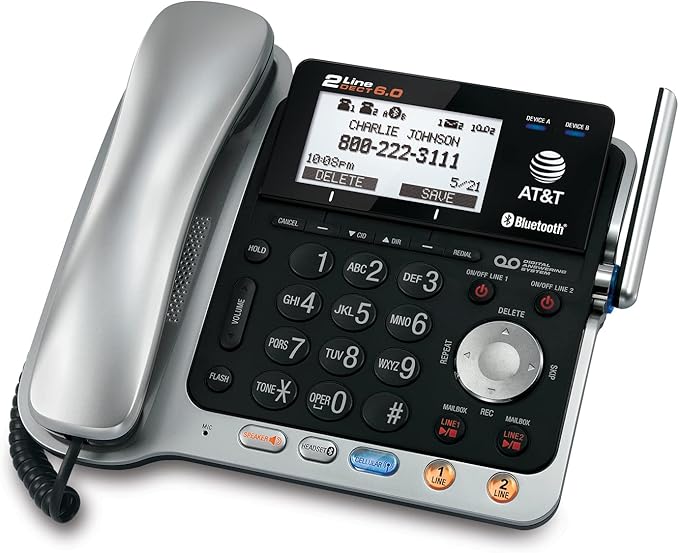 AT&T TL86109 DECT 6.0 2-Line Expandable Corded/Cordless Phone with Bluetooth Connect to Cell, Answering System and Base Speakerphone, 1 Corded Handset and 1 Cordless Handset, Silver/Black