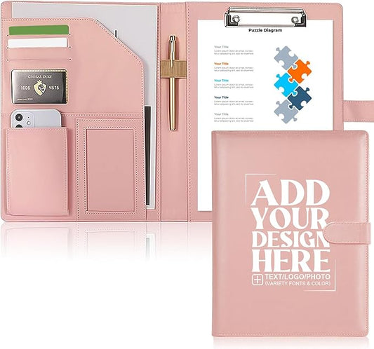 Personalized Portfolio - Customized Leather Portfolio with Personalized Logo or Text - Ideal for Resumes, Interviews, and Professional Business Use, Pink