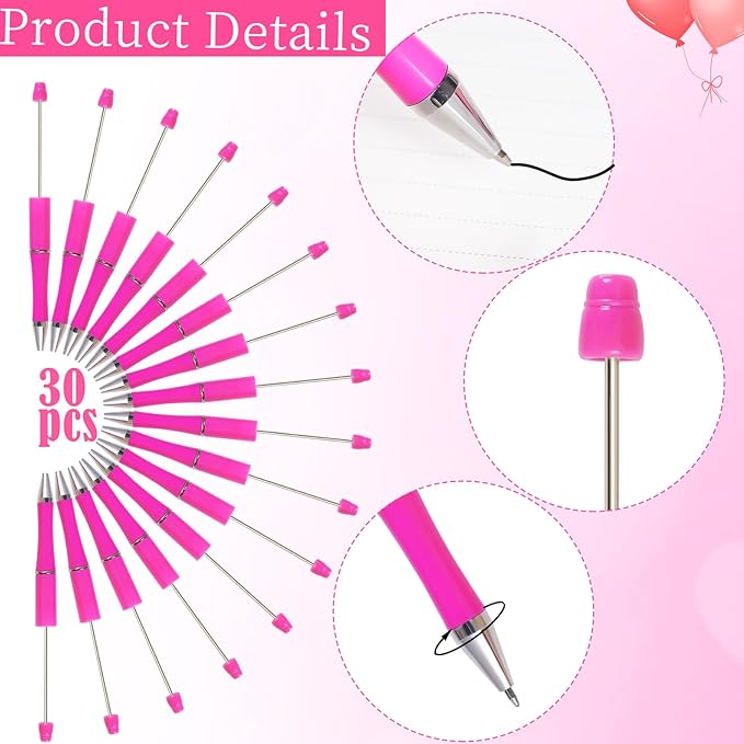 jiebor 30Pcs Hot Pink Beadable Pens Plastic Bead Pen Black Ink Ballpoint Pens Diy Pens Cute Cool Pens for Kids Girls Students Teacher Bridal Graduation Gift Office School Supplies