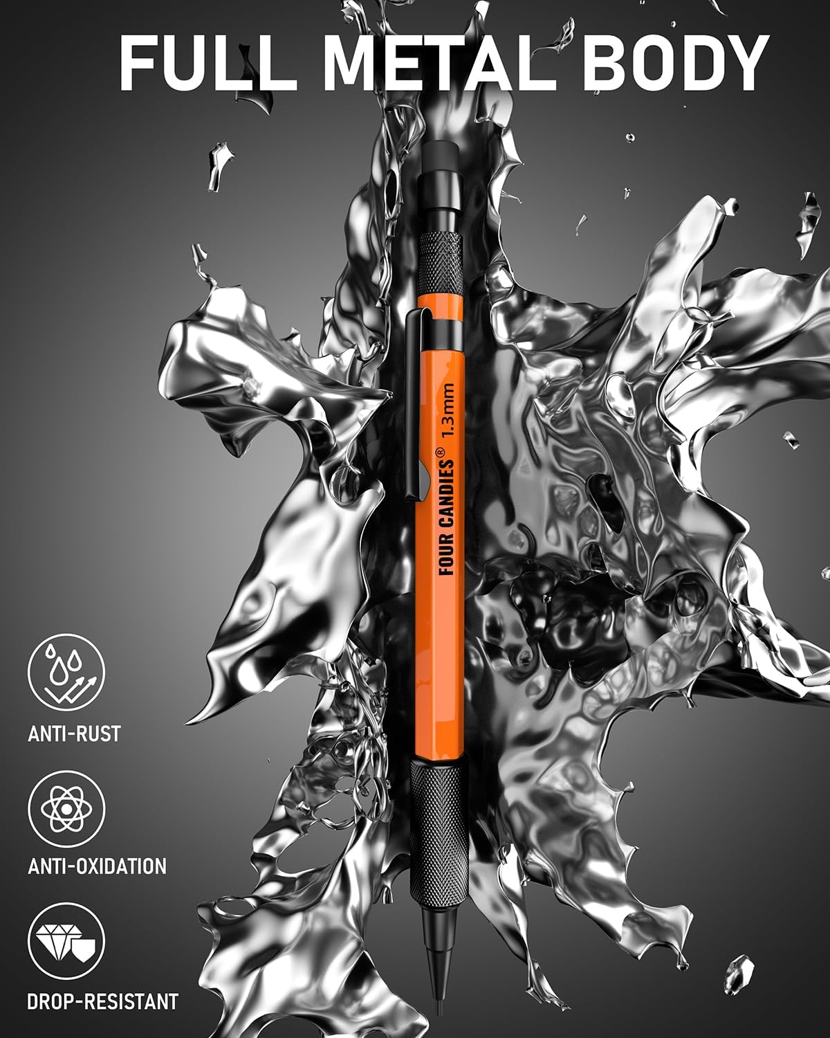 Four Candies 3PCS 1.3mm Mechanical Pencil Set with Case, Metal Heavy Duty Carpenter Pencils with 72 Refill(Red,Black,Yellow) 3Eraser, 16Eraser Refill, Weatherproof Body Outdoor Woodworking Marking