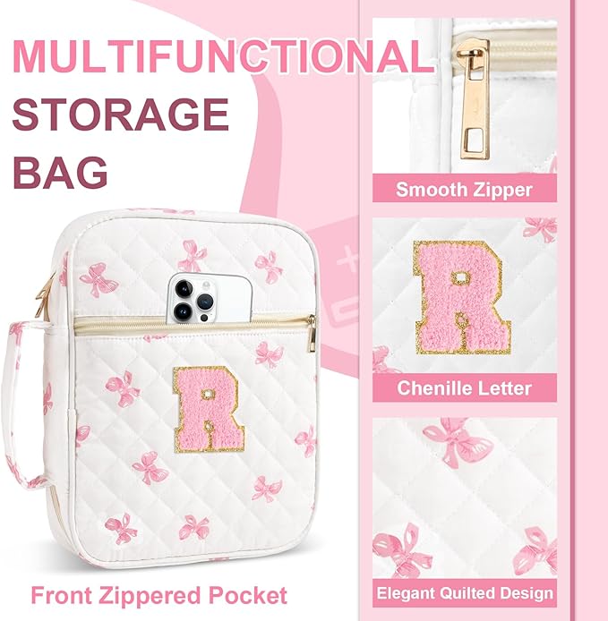 Personalized Initial Bible Cover Case for Women Girls Kid - Large Quilted Bible Case with Handle, Stylish Chenille Letter Bag Study Supplies, Perfect Christmas Gifts for Christians Women (Pink Bow-R)