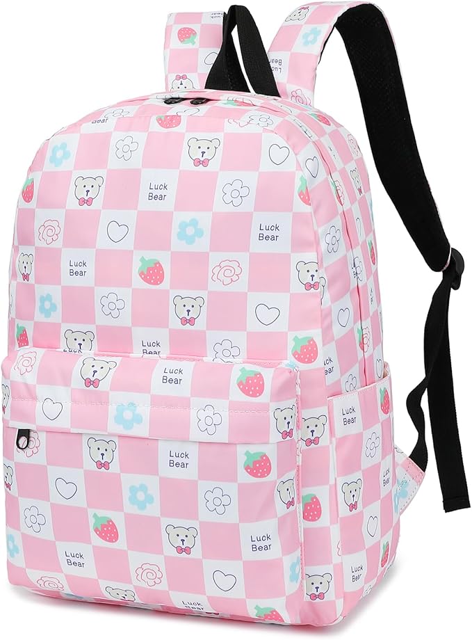 Checkered Bear School Backpack for Teens Girls, Womens College Bookbags Laptop Backpacks (Pink)