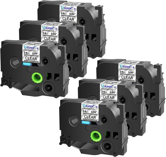 6PK 24mm Clear Label Tape Compatible for Brother P-Touch Label Maker Tape TZe-151 1 Inch TZe TZ Label Tape TZ-151 TZe151 TZ151 24mm 0.94'' Laminated Clear Tape for PT-D600 D610BT P700