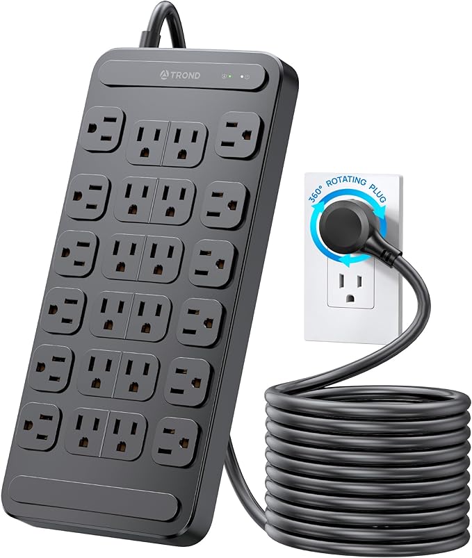 TROND Surge Protector Power Strip 360° Rotating Flat Plug, 24 AC Outlets, 4000 Joules, 10ft Heavy Duty Extension Cord 1875W, ETL Listed, Ideal for Gaming Office Home Dorm Room Essentials Black