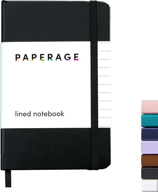 PAPERAGE Lined Pocket Journal Notebook, 1 Pack, (Black), 160 Pages, Small, 3.6 inches x 5.6 inches - 100 GSM Thick Paper, Hardcover