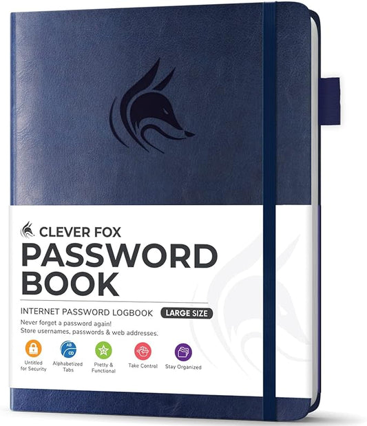 Clever Fox Password Book with Alphabetical tabs. Internet Address Organizer Logbook. Large Password Keeper for Website Logins (Dark Blue)