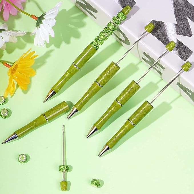 jiebor 30Pcs Green Beadable Pens Plastic Bead Pen Black Ink Ballpoint Pens Diy Pens Cute Cool Pens for Teacher Bridal Graduation Gift Office Supplies