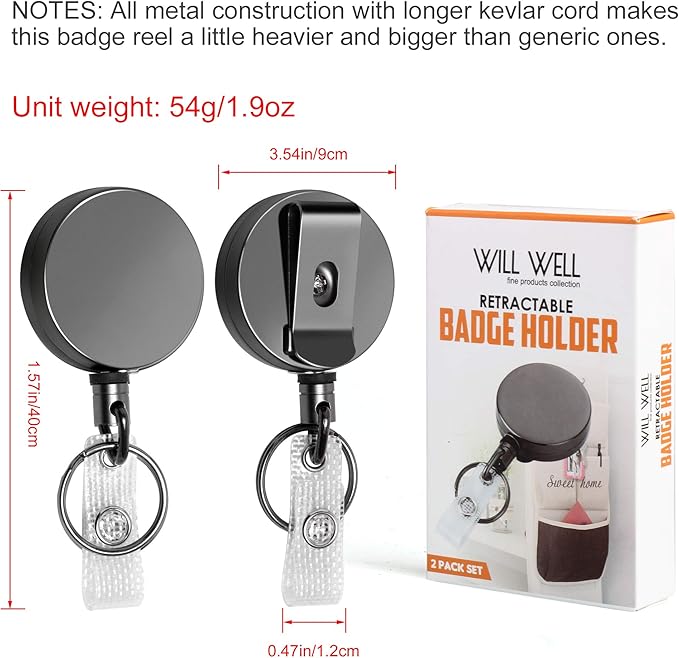 Will Well ID Badge Holder Reel with Clip and Keyring - Heavy-Duty All-Metal Casing with 27.5" UHMWPE Fiber Pull Cord for Durability and Easy Access, Holds up to 8 Keys - 4-Pack, Round, Glossy Black