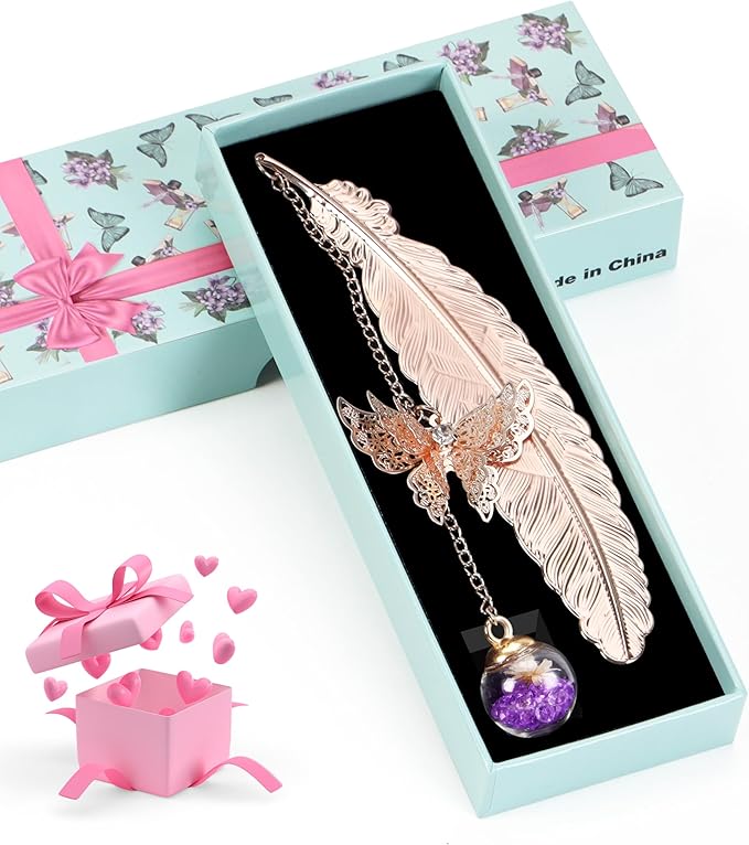 Bookmarks Christmas Stocking Stuffer for Women, Teacher Gifts Cute Metal Feather Bookmark Butterfly Unique Birthday Holiday Reading Gifts for Mom Wife Daughter Teen Girls Book Lovers Reader Coworker