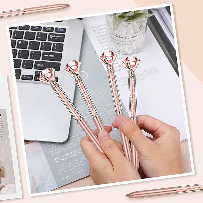 Sherr 100 Pack Big Crystal Diamond Pens Cute Ballpoint Pens Retractable Ballpoint Rhinestones Crystal Bling Gem Plated Black Gel Ink Office Supplies Gifts for Women(Rose Gold,Glitter)