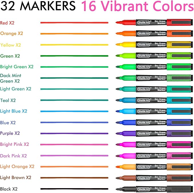 Shuttle Art Dry Erase Markers, 32 Pack 16 Colors Magnetic Whiteboard Markers with Erase, Fine Point Dry Erase Markers Perfect For Writing on Whiteboards,Mirrors for School Office Home