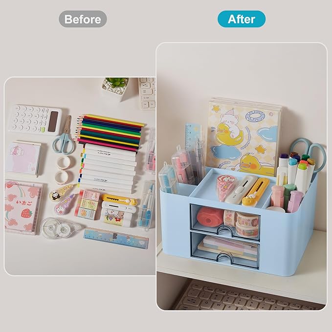 Pen Holder for Desk, Pencil Organizer Makeup Brush Holder Cup Storage Pen Cups Stylish Marker Pen Organizer Makeup Brush Holder Desk Accessories Organizer for Home School Office Blue