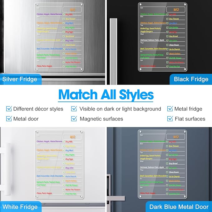 Acrylic Meal Planner Magnetic Menu Board for Kitchen Fridge Planning Board to Do List Shopping List Grocery List w/ 8 Markers, Clear Weekly Calendar for Refrigerator Dry Erase Board, 12x9’’