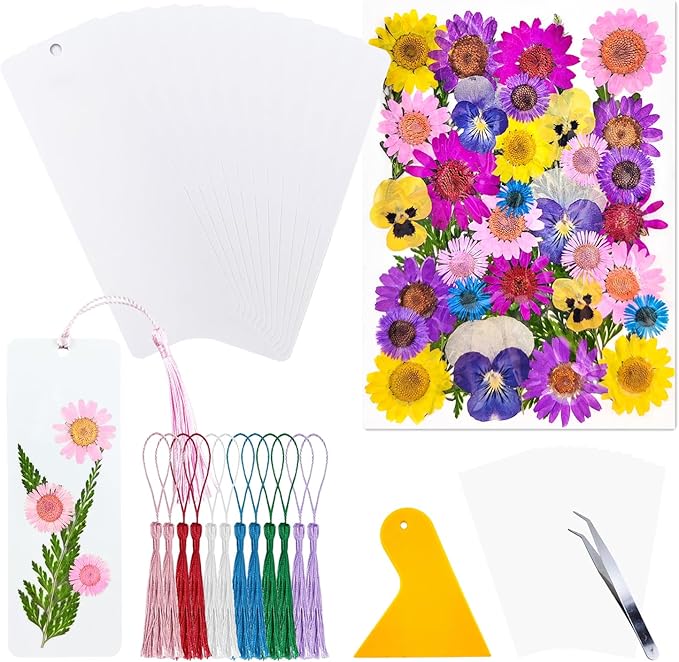Cardstock Blank Bookmarks Set, 12 Pcs DIY White Craft Bookmarks for Pressed Flowers, Dried Flower Bookmark Making Kit with 43 Pcs Pressed Flowers, 12 Pcs Tassels, DIY Bookmarks for Dried Flowers