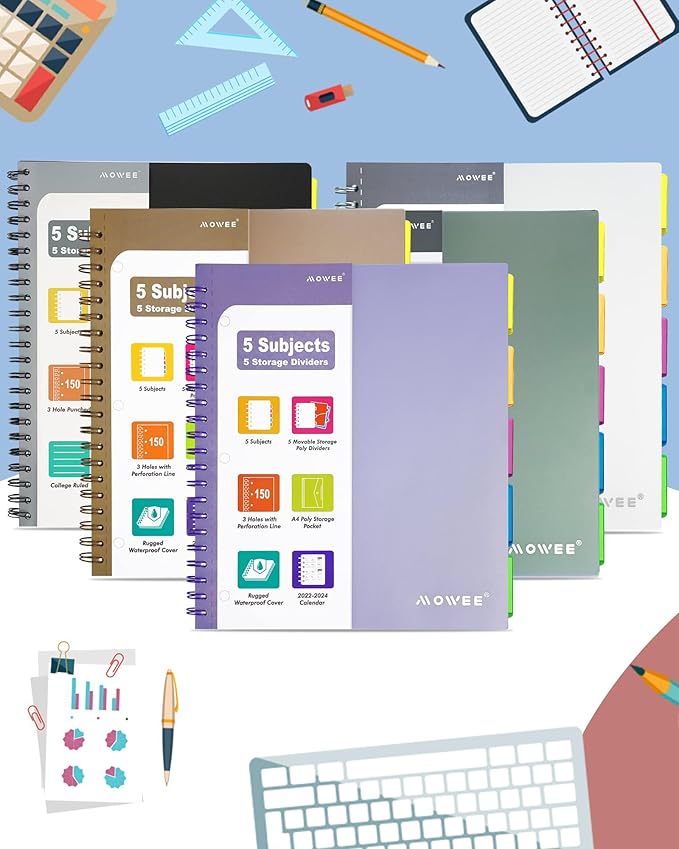 5 Subject Notebook - Spiral Notebook, College Ruled Notebook With Dividers Pocket, Tabs, 11" Ruler, 300 Pages, for Writing Journal, Home & Office, School Supplies, 8.5x11'' Purple150Sheets