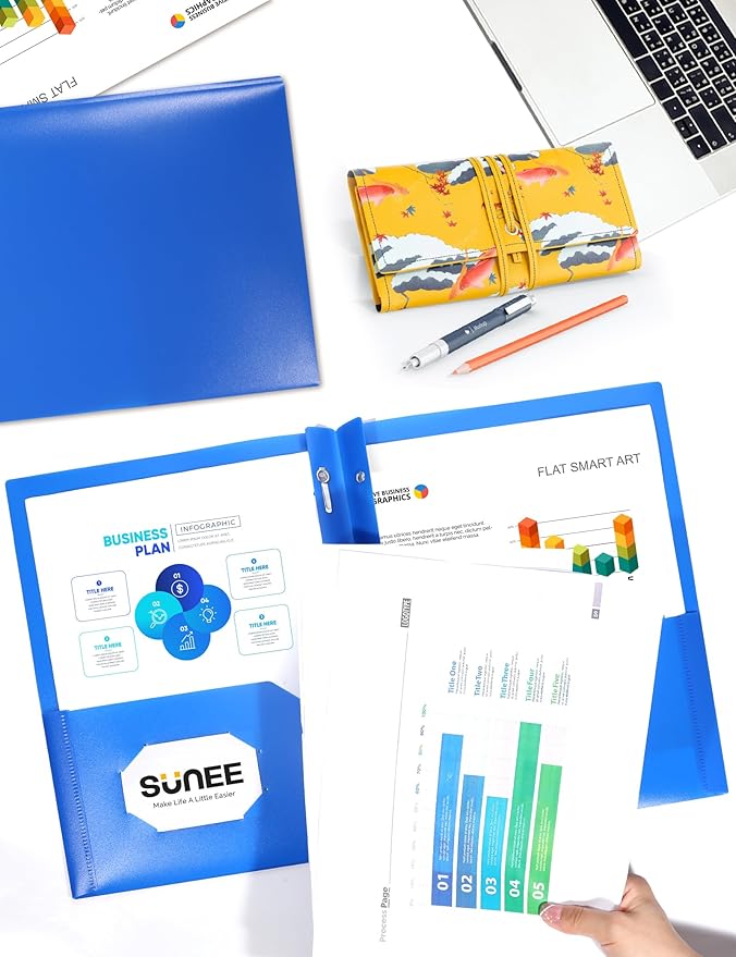 SUNEE 3 Pack Blue Plastic Folders with Pockets and Prongs, Letter Size, 9 x 11.5 in